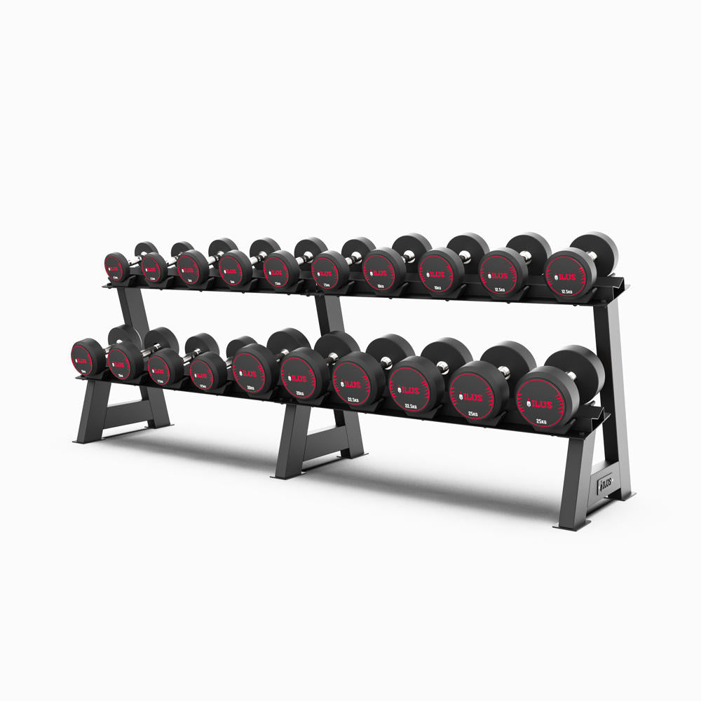 Set Mancuernas TPU ILUS 2.5 a 25 kg + Rack