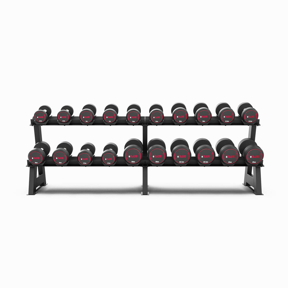 Set Mancuernas TPU ILUS 2.5 a 25 kg + Rack