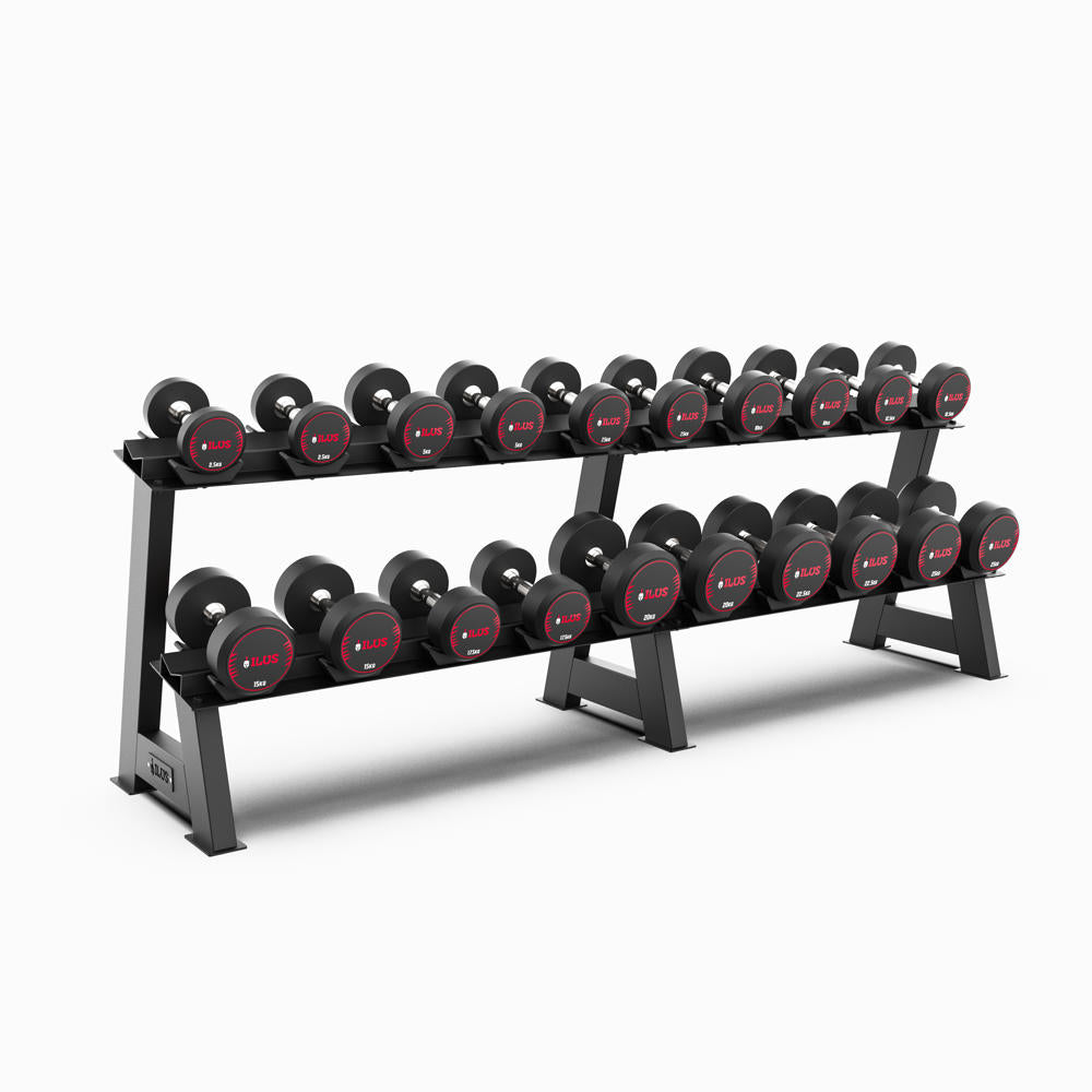 Set Mancuernas TPU ILUS 2.5 a 25 kg + Rack