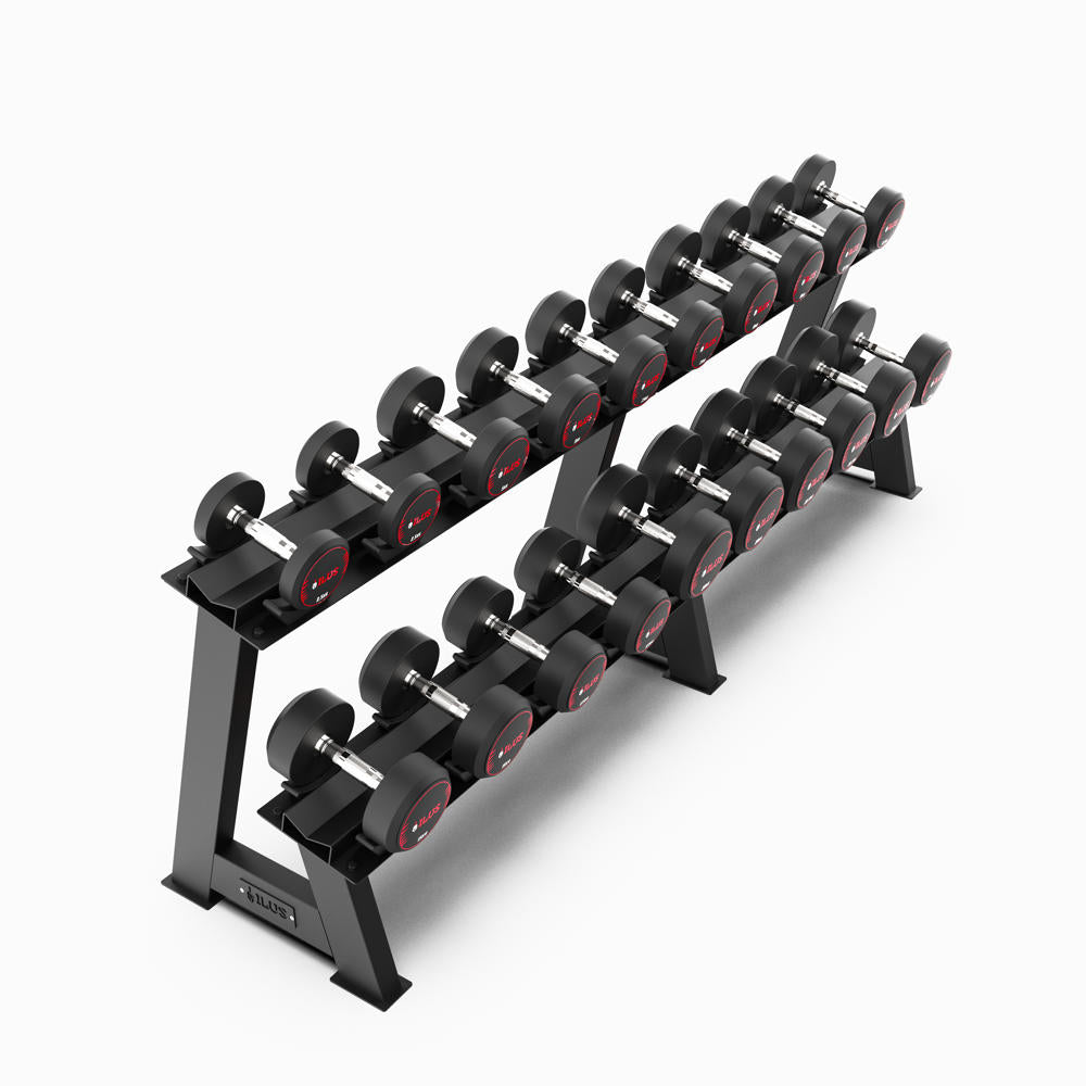 Set Mancuernas TPU ILUS 2.5 a 25 kg + Rack