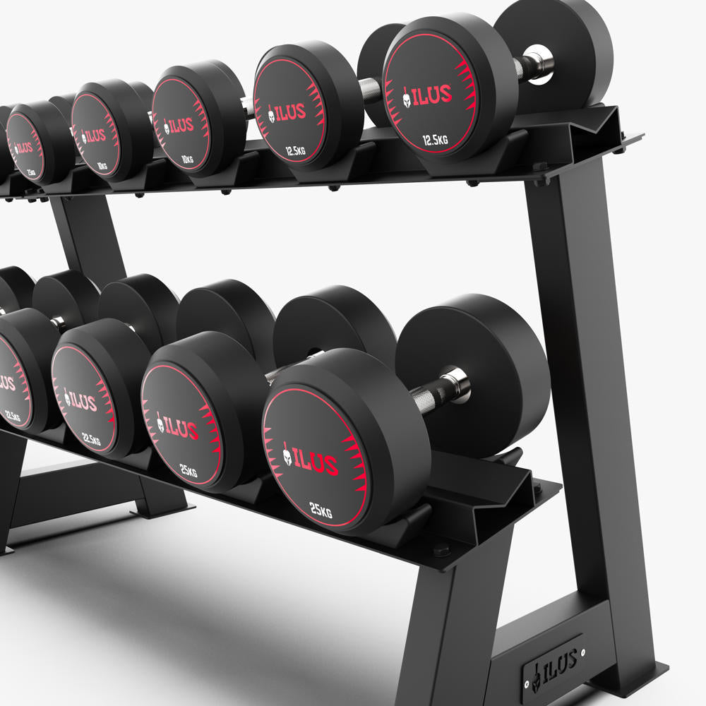 Set Mancuernas TPU ILUS 2.5 a 25 kg + Rack
