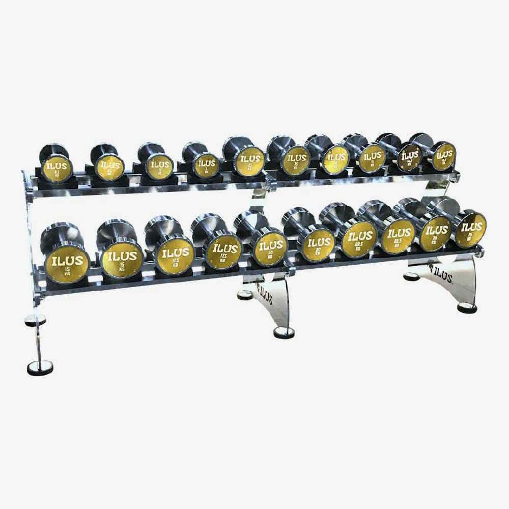 Set ILUS Premium Gold Dumbbells 27.5 a 50 kg + Rack