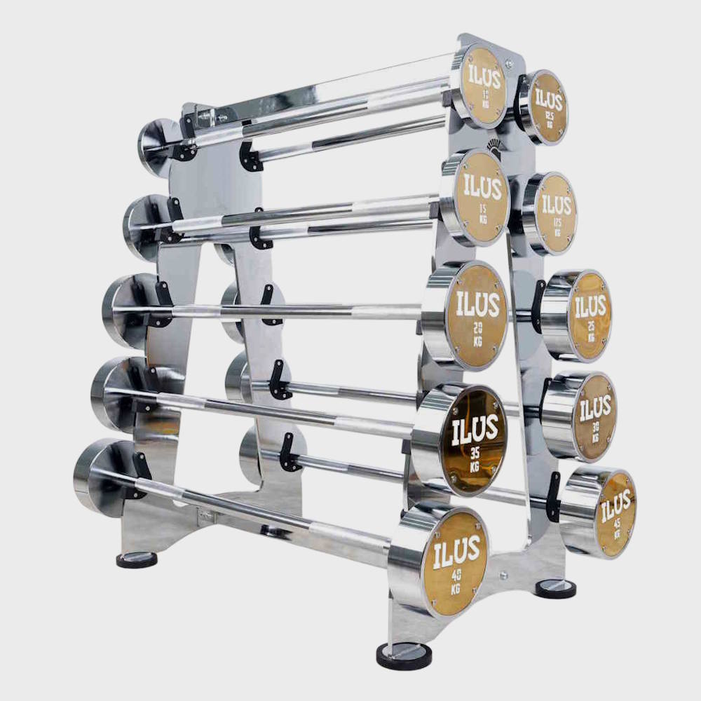 ILUS Premium Chrome Straight Bar Set 10 to 45 kg + Rack