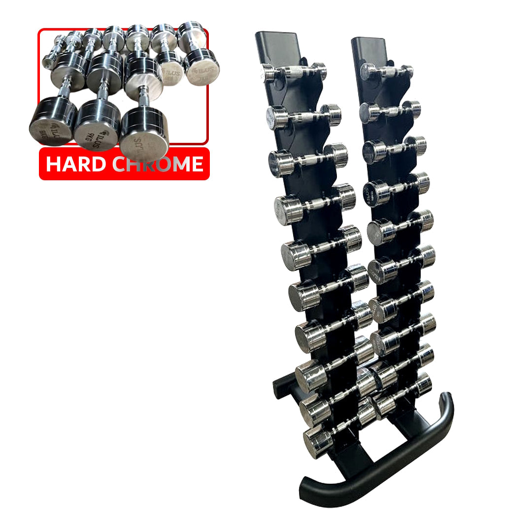 Set Mancuernas Hard Chrome ILUS 1 a 10 kg + Rack