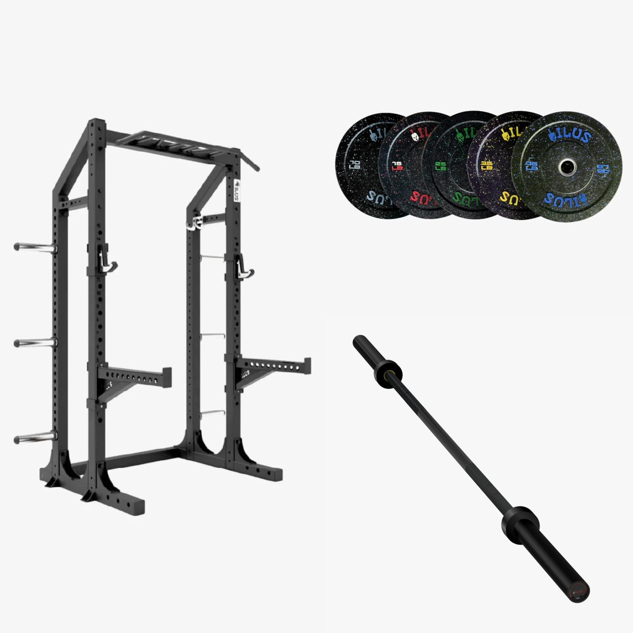 ILUS Versa Pack: Half Rack + Barra + Discos Bumpers