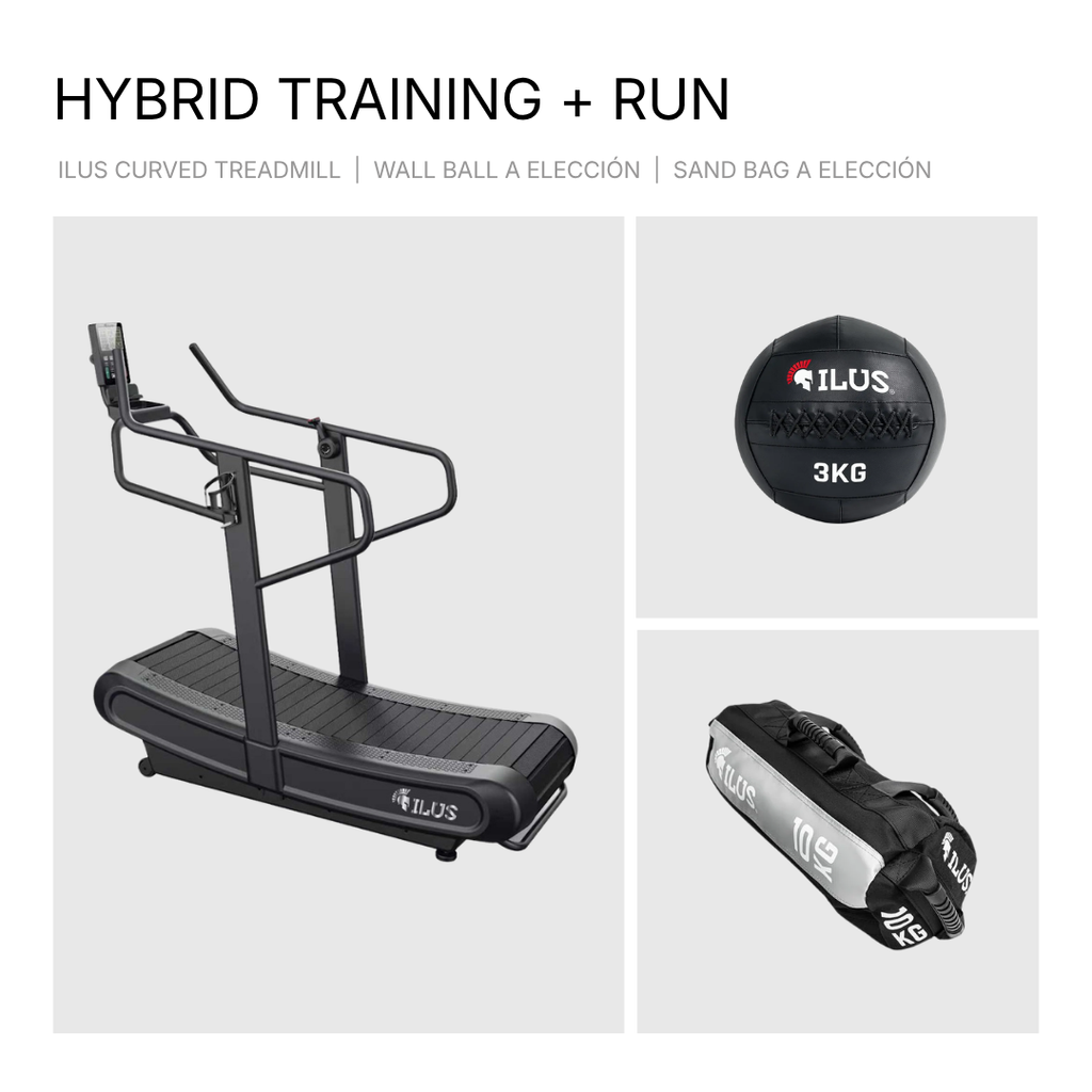 Trotadora curva ILUS con wall ball y sandbag de competición para entrenamiento híbrido
