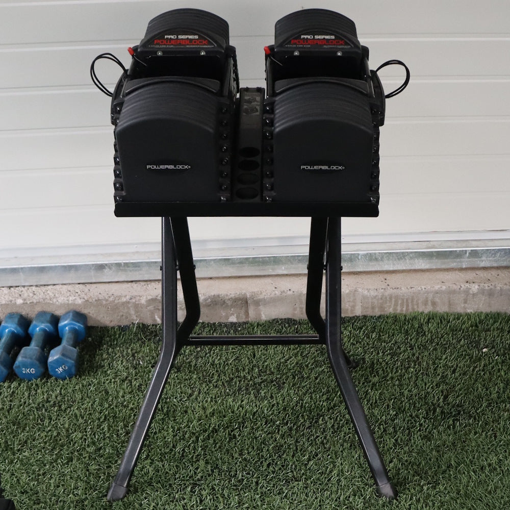 Mancuernas Ajustables PowerBlock Pro Series EXP Stage 1-3 (5 a 90 lb) + Compact Stand