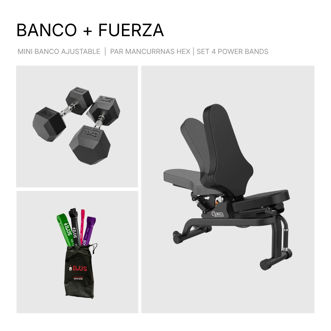 Mini banco ajustable ILUS con dos pares de mancuernas hexagonales y bandas de resistencia para entrenar en casa