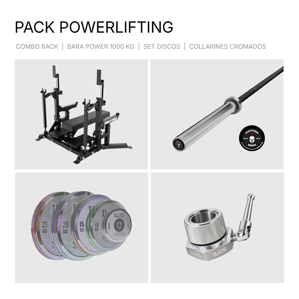 Estación de powerlifting ILUS con Combo Rack, barra power y discos de acero calibrados