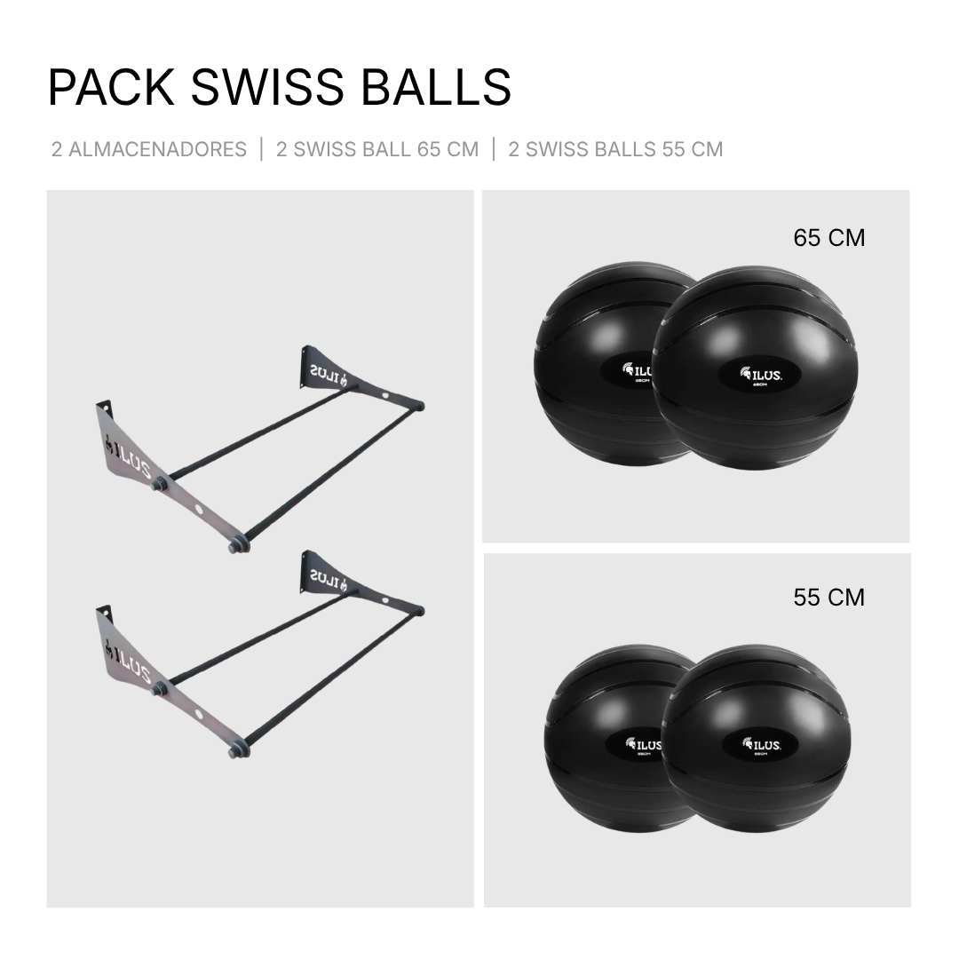Cuatro balones suizos ILUS de 55 y 65 cm en almacenadores para consulta de kinesiología