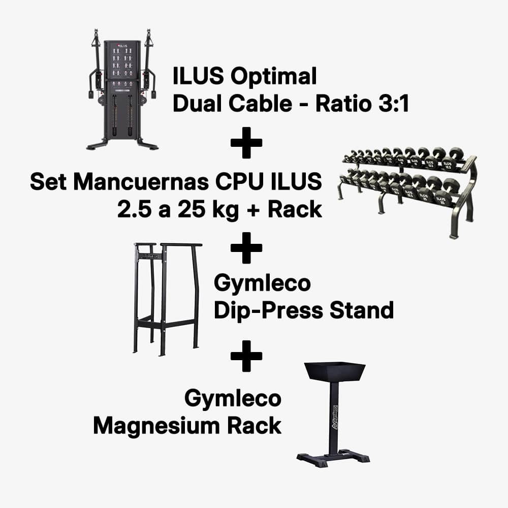 Set ILUS Pro – Dual Cable + Mancuernas + Dip Stand + Magnesium Rack