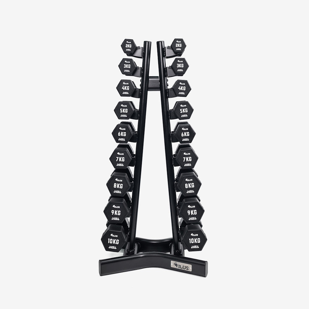 Set Mancuernas Hexagonales Rubber ILUS 2 a 10 kg + Rack