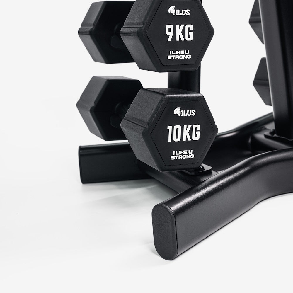 Set Mancuernas Hexagonales Rubber ILUS 2 a 10 kg + Rack