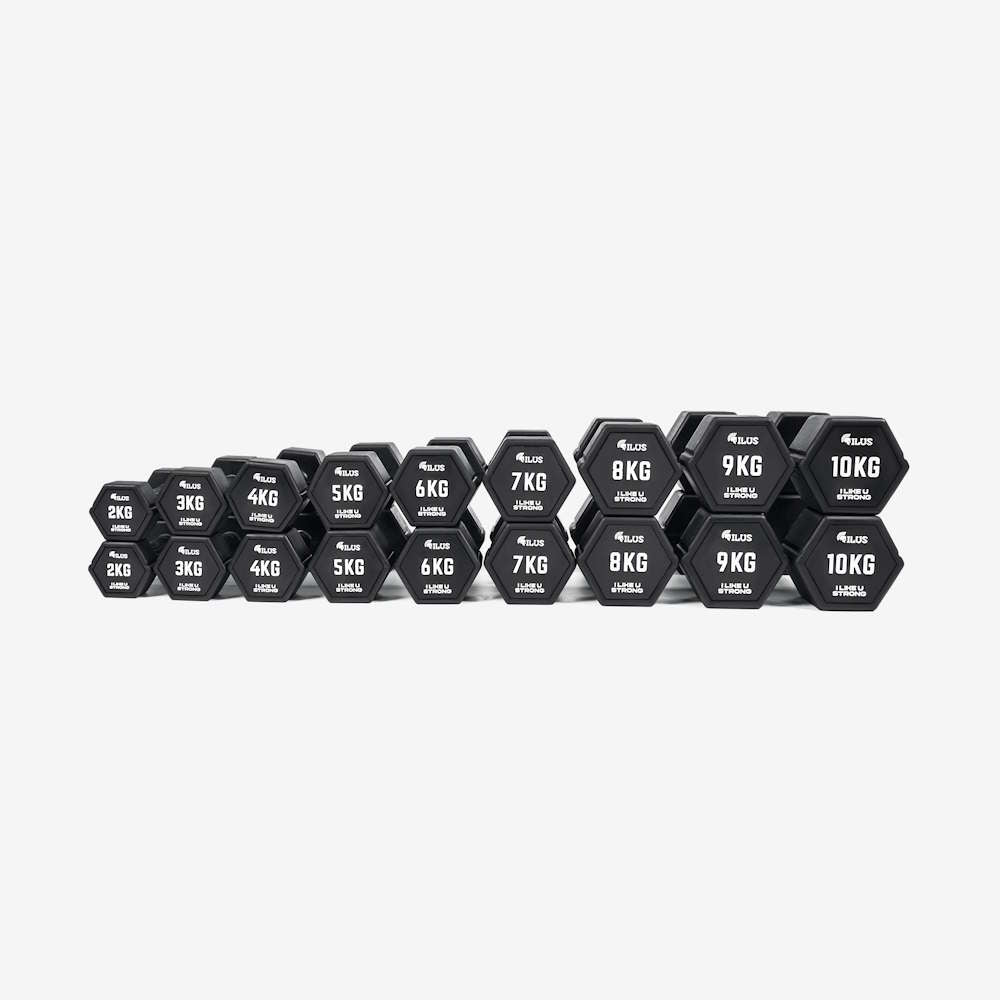 Set Mancuernas Hexagonales Rubber ILUS 2 a 10 kg + Rack