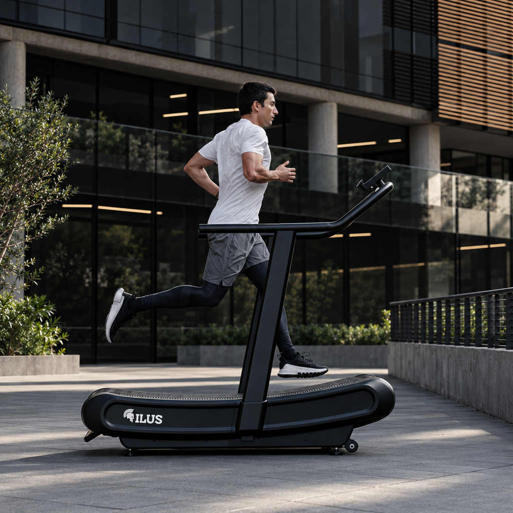 Hombre corriendo en trotadora curva ILUS en espacio de arquitectura moderna
