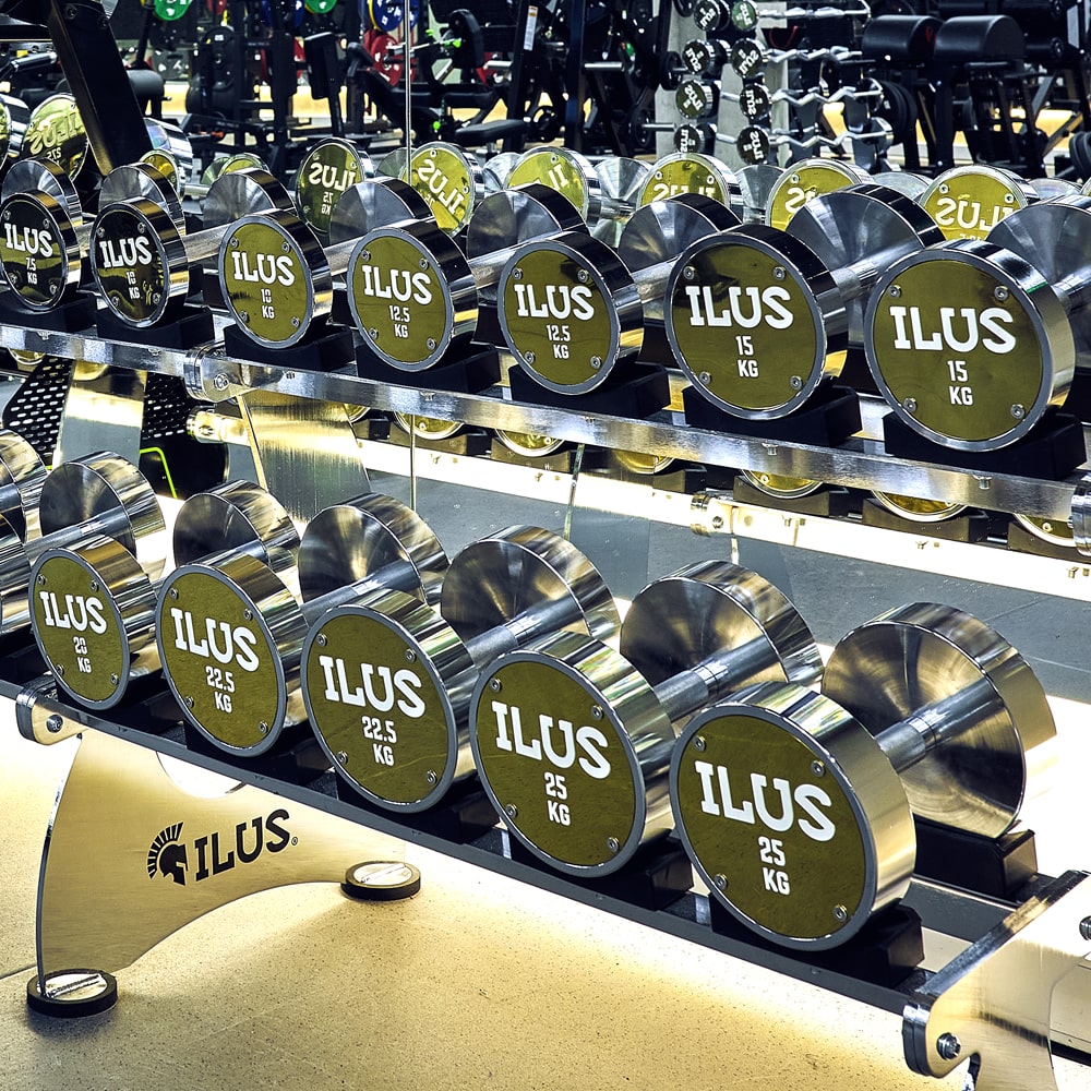 Set ILUS Premium Gold Dumbbells 2.5 a 25 kg + Rack